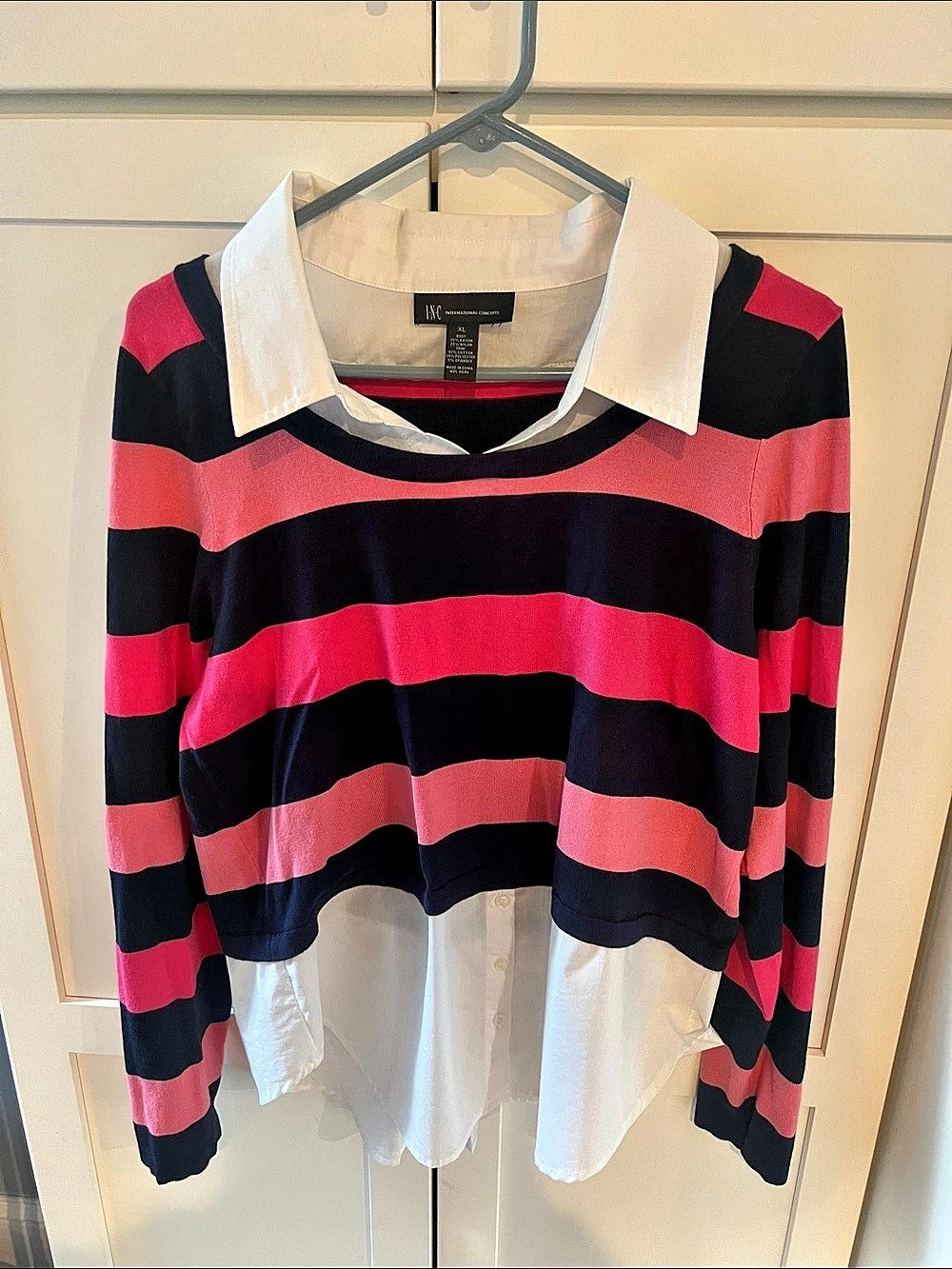 I.N.C International Concepts Striped Layered Long Sleeve Top in Pink & Black XL